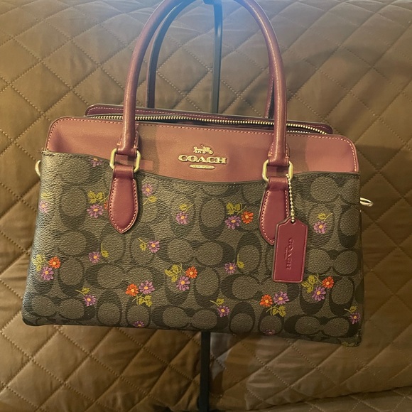 Coach Signature Satchel with Floral Accents - Black and Burgundy - Picture 1 of 10